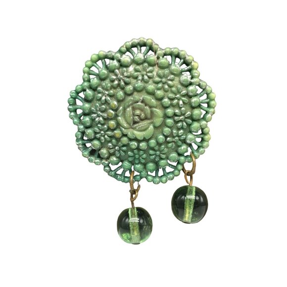 Antique Green Floral Celluloid Rose Brooch with Glass Bead Dangles - Picture 1 of 6